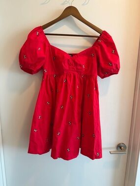 New Red Puff-Sleeve Embroidered Cotton Dress